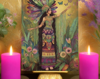 Xochiquetzal Joyful Heart Prayer Altar Card: Floral Bohemian Aztec Goddess Precious Flower Art 5x7