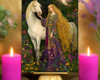 Rhiannon’s Resilience Prayer Altar Card: Floral Bohemian Celtic Goddess White Horse Art 5x7 Print