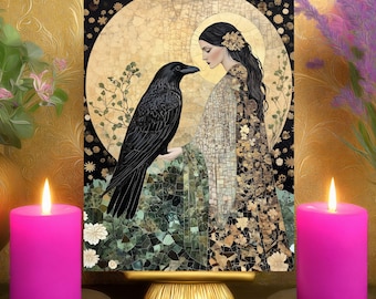 The Morrigan Guidance Prayer Altar Card: Mosaic Art Nouveau, Celtic Raven Goddess Altar Print 5x7