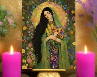 Tonantzin’s Healing & Grounding Prayer Altar Card: Botanical Art Nouveau Aztec Goddess Print 5x7