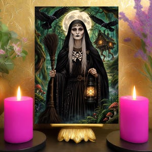 May include: A rectangular print featuring a pale figure in a black hooded cloak holding a broom and a glowing lantern. The scene includes a full moon, two flying ravens, and a small house on chicken legs in a dark forest with red mushrooms.