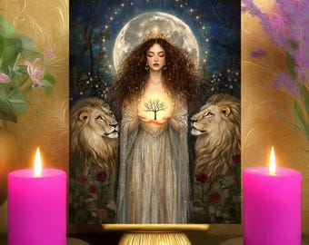 Asherah Spiritual Growth & Renewal Prayer Altar Card: Tree of Life Lions Goddess Art 5x7