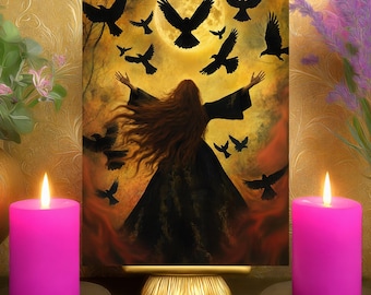 Badb Warrior Heart Prayer Altar Card: Celtic Battle Crow Print, Witch Goddess Art 5x7