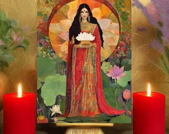 Lakshmi Spiritual Abundance Prayer Card: Bohemian Mosaic Goddess Altar Art Print 5x7