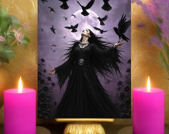 The Morrigan's Resilience & Strength Prayer Card: Moody Witchy Celtic Goddess, Raven Altar Art 5x7