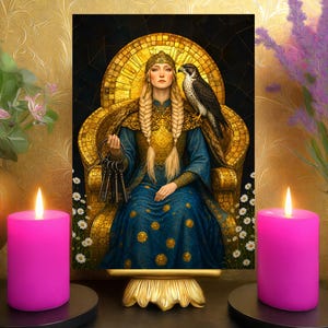 May include: A rectangular art print featuring a person with long blonde braids wearing a blue gown and gold headpiece, seated on a golden throne with a falcon perched on their shoulder. The person holds a set of keys, surrounded by white flowers.