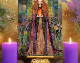 Goddess Brigid 5x7 Altar Card: 2 Sided Bohemian Mosaic Celtic Fire Flame Deity Prayer Print