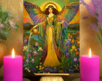 Rainbow Goddess Iris Divine Messages Prayer Altar Card: Floral Mosaic Art Nouveau Print 5x7