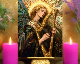 Sandalphon Divine Frequency Alignment Prayer Altar Card: Double-Sided Stained Glass Archangel Art Print 5x7