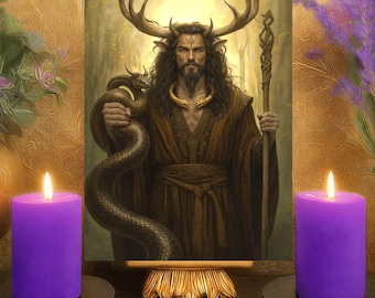Cernunnos Earth Energy Grounding Prayer Altar Card: Celtic Horned Nature God Art Print 5x7