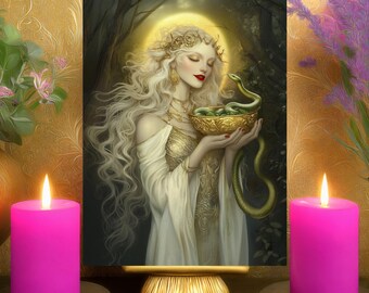 Hygieia Radiance & Well-Being Prayer Altar Card: Serpent Healing Goddess Art Print 5x7