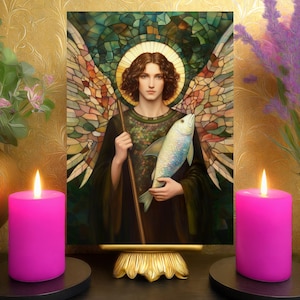 May include: A framed stained glass artwork depicting a figure with a halo, holding a fish and staff. Flanking the artwork are two lit magenta candles on black bases, with floral arrangements in gold vases on either side. The background is a gold textured wall.