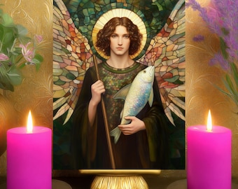 Erzengel Raphael Gebetskarte für emotionale Heilung: Glas-Altar-Kunst (Papierdruck 13x18)