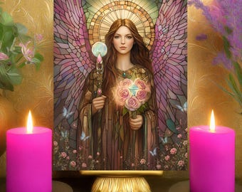 Archangel Ariel Courage & Strength Prayer Card: Floral Stained Glass Angelic Altar Art Print 5x7