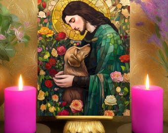 Saint Roch Protection Prayer for Dogs Altar Card: Floral Mosaic Art Nouveau Print 5x7