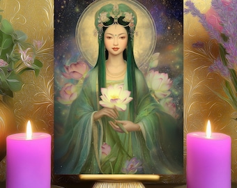Green Tara’s New Beginnings & Courage Prayer Altar Card: Ethereal Buddhist Goddess Art Print 5x7