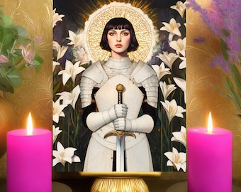 Saint Joan of Arc Spiritual Courage Prayer Altar Card: White Lilies Art Print 5x7