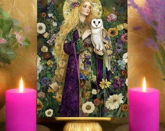 Blodeuwedd’s Spiritual Power Prayer Altar Card: 5x7 Celtic Floral Owl Goddess Art Nouveau Print