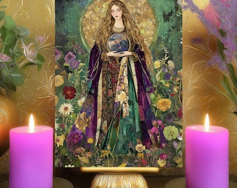 Gaia's Healing and Grounding Prayer Card: Mosaic Mother Earth Goddess Altar 5x7 Art Print