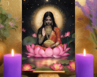 Lakshmi Prosperity Meditation Altar Card: Celestial Black Gold Prayer Art, Hindu Goddess Print 5x7