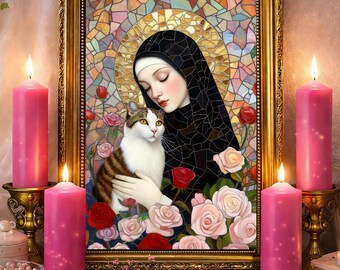 St. Gertrude Mosaic Art Print: Neo Byzantine Stained Glass Cat Portrait (Poster)