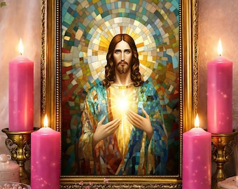 Jesus Abstract Mosaic Art Print: Neo-Byzantine Stained Glass Altar Wall Art (Poster)