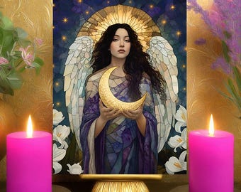 Archangel Haniel's Clarity & Intuition Prayer Card: Mosaic Crescent Moon Stars Altar Art Print 5x7