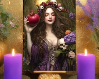 Persephone Resilience & Erneuerung Gebetskarte: Blumenschädel Göttin Altar Schrein Kunstdruck 13x18