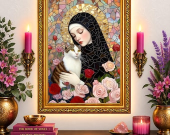 St. Gertrude Mosaic Art Print: Neo Byzantine Stained Glass Cat Portrait Wall Decor (Poster)