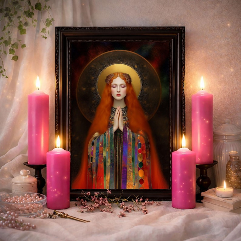 Freyja Art Nouveau Art Print: Printable Gold Rainbow Mosaic Norse Goddess Altar Wall Decor image 1