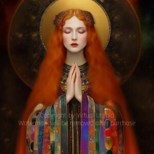 Freyja Goddess of MagicK Love and Beauty | Art Nouveau Portrait Painting | INSTANT DIGITAL DOWNLOAD | Printable Files Home Wall Decor Print Gold, copper deep red amethyst purple turquoise forest green lapis blue obsidian black rainbow accents, Art Nouveau Gustav Klimt-inspired, Mosaic Surrealism, Divine Feminine Fantasy, Spiritual Symbolism picture image printable poster canvas cards, phone wallpaper background, wiccan pagan norse magicK, ancient gods, unique gift for her, red haired woman
