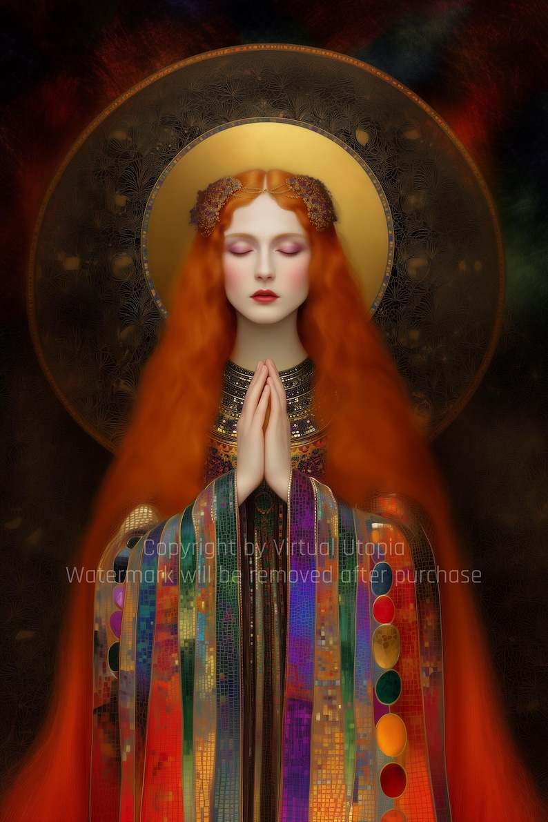 Freyja Goddess of MagicK Love and Beauty | Art Nouveau Portrait Painting | INSTANT DIGITAL DOWNLOAD | Printable Files Home Wall Decor Print Gold, copper deep red amethyst purple turquoise forest green lapis blue obsidian black rainbow accents, Art Nouveau Gustav Klimt-inspired, Mosaic Surrealism, Divine Feminine Fantasy, Spiritual Symbolism picture image printable poster canvas cards, phone wallpaper background, wiccan pagan norse magicK, ancient gods, unique gift for her, red haired woman