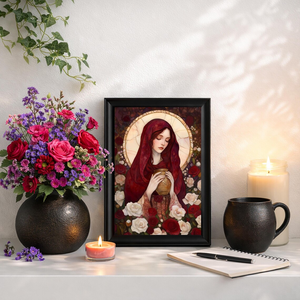 Magdalene With Roses Mary Magdalene Spiritual Healing Prayer Card: 5x7 Stained Glass Red ...