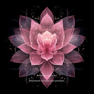 May include: A digital artwork featuring a pink lotus flower on a black backdrop. The flower's petals are layered, with soft shading and highlights. The image has a delicate, ethereal feel, with tiny golden particles scattered around the flower, creating a sense of depth.