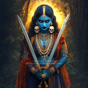 Kali Göttin Portraitmalerei | DIGITALER DOWNLOAD | Blaue hinduistische Kriegergottheit | Spirituelle weibliche tantrische Kraft | Mystischer Wald Wandbild