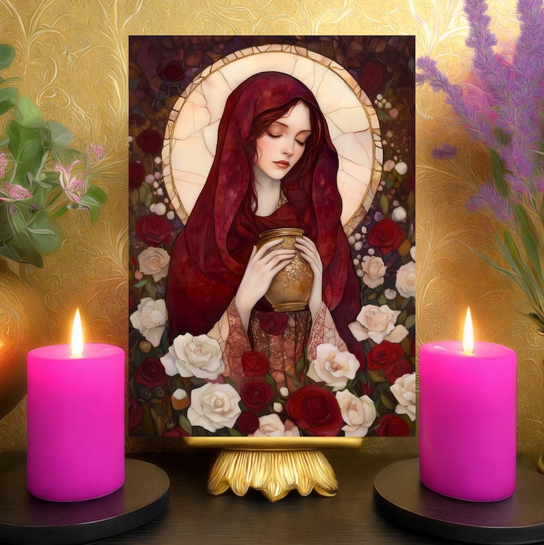 Magdalene With Roses Mary Magdalene Spiritual Healing Prayer Card: 5x7 Stained Glass Red ...