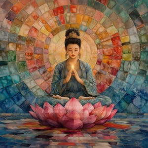 May include: A digital art piece depicting a meditating figure in a blue robe, seated on a pink lotus flower. The background features a colorful mosaic pattern radiating outwards. The figure holds a glowing light between their hands.