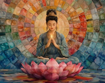 Quan Yin Print: Printable Abstract Rainbow Lotus Mosaic Buddhist Goddess Wall Altar Art