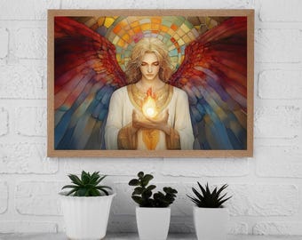 Archangel Uriel Print: Rainbow Mosaic Portrait, Christian Home Decor (Digital Download)