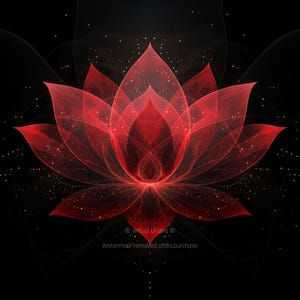 May include: A digital artwork featuring a red lotus flower on a black backdrop. The flower's petals have a translucent quality, and small white specks are scattered around it. The design is symmetrical and elegant, creating a striking visual.