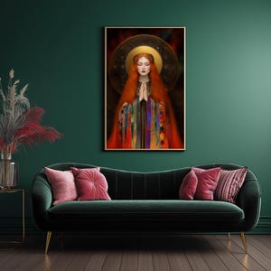 Freyja Goddess of MagicK Love and Beauty | Art Nouveau Portrait Painting | INSTANT DIGITAL DOWNLOAD | Printable Files Home Wall Decor Print Gold, copper deep red amethyst purple turquoise forest green lapis blue obsidian black rainbow accents, Art Nouveau Gustav Klimt-inspired, Mosaic Surrealism, Divine Feminine Fantasy, Spiritual Symbolism picture image printable poster canvas cards, phone wallpaper background, wiccan pagan norse magicK, ancient gods, unique gift for her, red haired woman