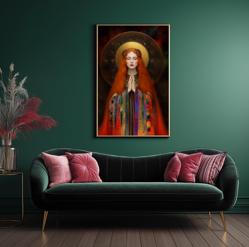 Freyja Goddess of MagicK Love and Beauty | Art Nouveau Portrait Painting | INSTANT DIGITAL DOWNLOAD | Printable Files Home Wall Decor Print Gold, copper deep red amethyst purple turquoise forest green lapis blue obsidian black rainbow accents, Art Nouveau Gustav Klimt-inspired, Mosaic Surrealism, Divine Feminine Fantasy, Spiritual Symbolism picture image printable poster canvas cards, phone wallpaper background, wiccan pagan norse magicK, ancient gods, unique gift for her, red haired woman