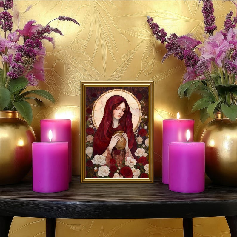 Magdalene With Roses Mary Magdalene Spiritual Healing Prayer Card: 5x7 Stained Glass Red ...