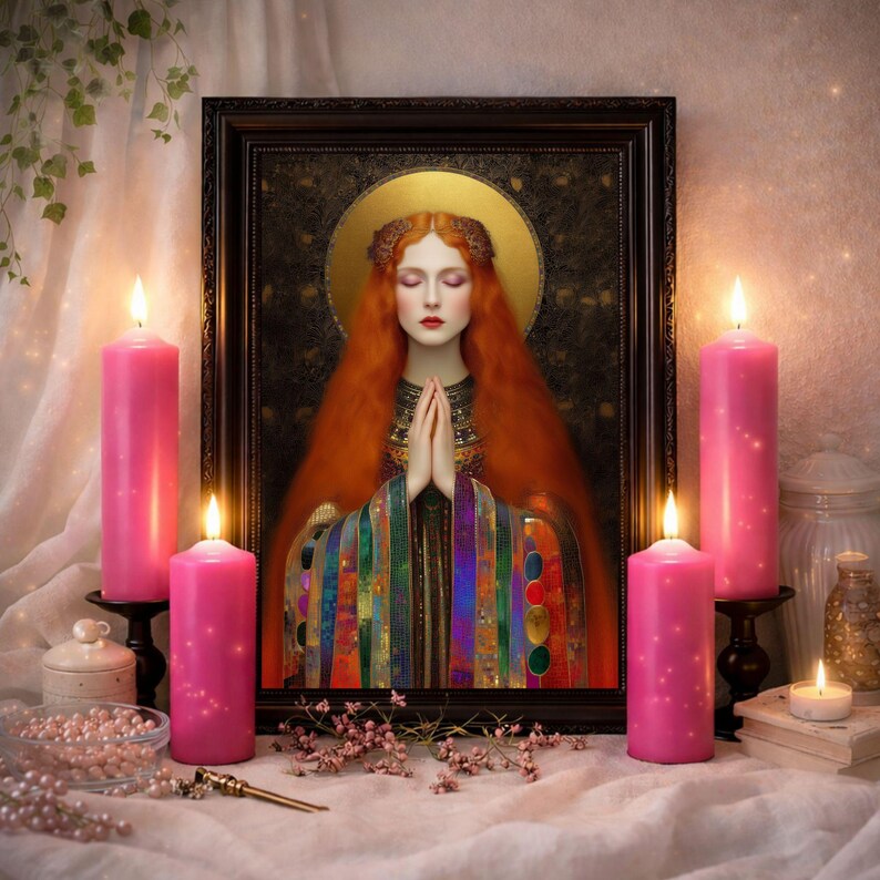 Freyja Art Nouveau Art Print: Printable Gold Rainbow Mosaic Norse Goddess Altar Wall Decor image 2