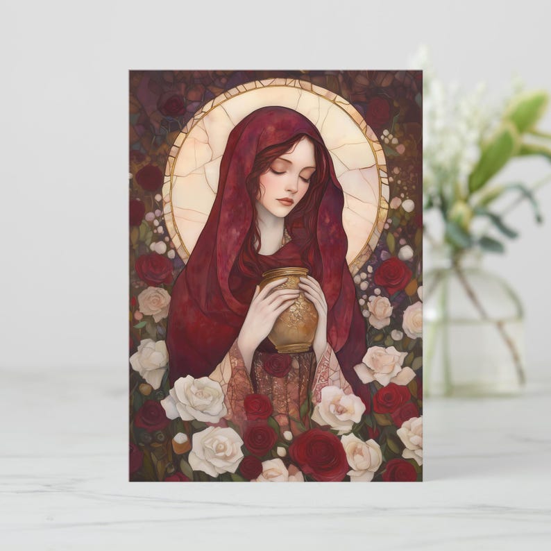 Magdalene With Roses Mary Magdalene Spiritual Healing Prayer Card: 5x7 Stained Glass Red ...