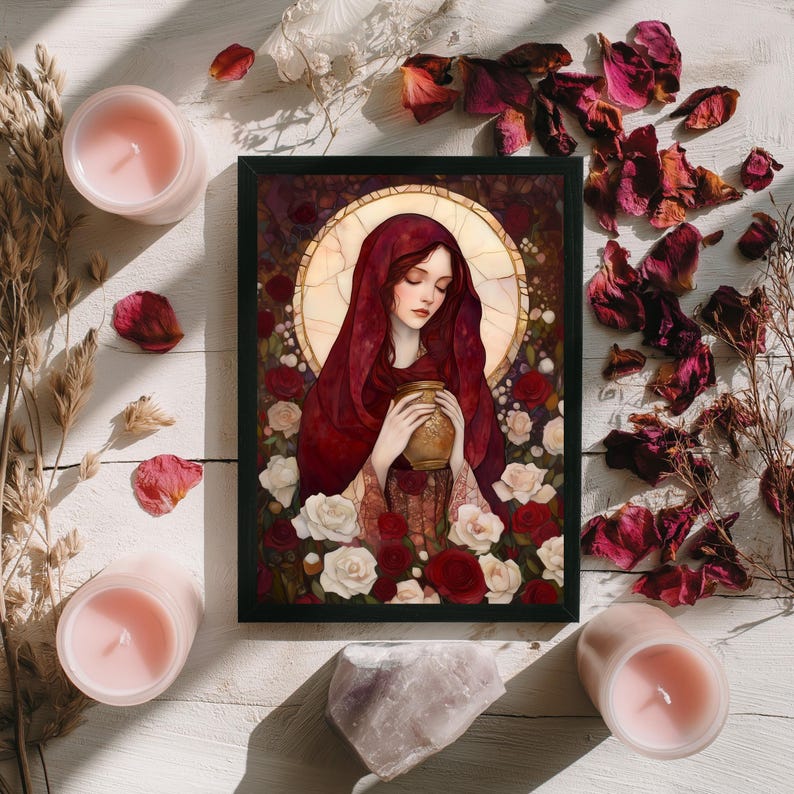 Magdalene With Roses Mary Magdalene Spiritual Healing Prayer Card: 5x7 Stained Glass Red ...