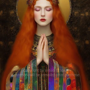 Freyja Goddess of MagicK Love and Beauty | Art Nouveau Portrait Painting | INSTANT DIGITAL DOWNLOAD | Printable Files Home Wall Decor Print Gold, copper deep red amethyst purple turquoise forest green lapis blue obsidian black rainbow accents, Art Nouveau Gustav Klimt-inspired, Mosaic Surrealism, Divine Feminine Fantasy, Spiritual Symbolism picture image printable poster canvas cards, phone wallpaper background, wiccan pagan norse magicK, ancient gods, unique gift for her, red haired woman