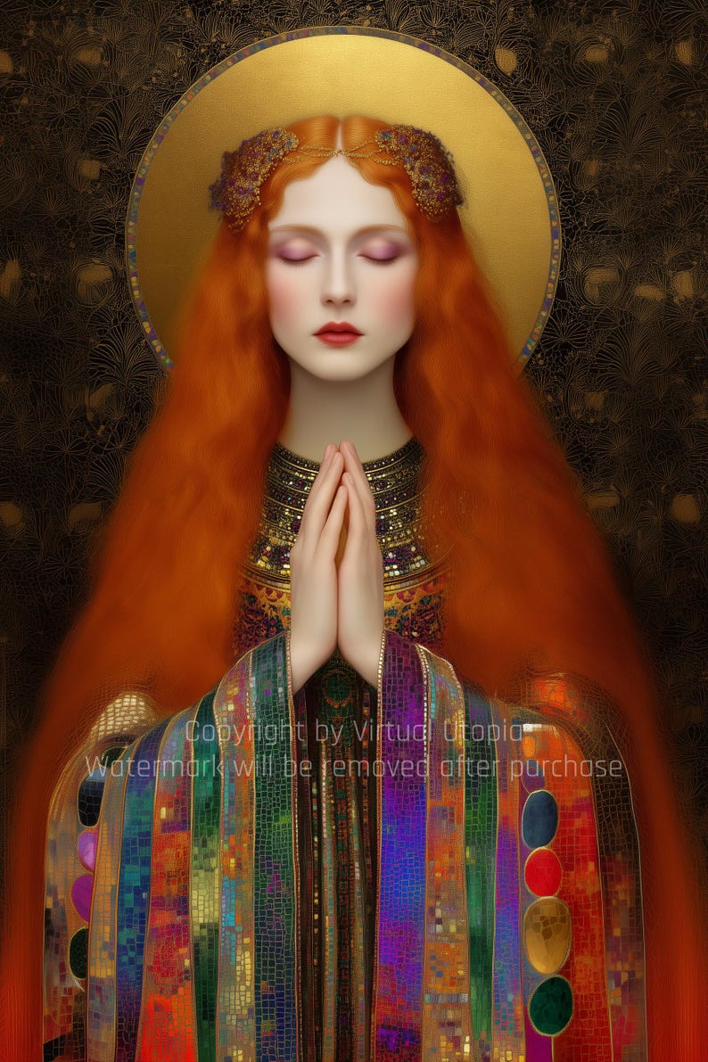 Freyja Goddess of MagicK Love and Beauty | Art Nouveau Portrait Painting | INSTANT DIGITAL DOWNLOAD | Printable Files Home Wall Decor Print Gold, copper deep red amethyst purple turquoise forest green lapis blue obsidian black rainbow accents, Art Nouveau Gustav Klimt-inspired, Mosaic Surrealism, Divine Feminine Fantasy, Spiritual Symbolism picture image printable poster canvas cards, phone wallpaper background, wiccan pagan norse magicK, ancient gods, unique gift for her, red haired woman