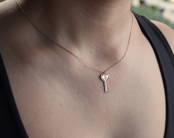 Personalized 925 Sterling Silver and Gold Plated Key Necklaces, Key to My Heart Necklace, Love Jewelry for Women