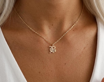 Personalized Initial Necklace, Gold Silver Rose Gold Letter Necklace, Old English Pendant, Dainty Minimalist Jewelry, Custom Gift